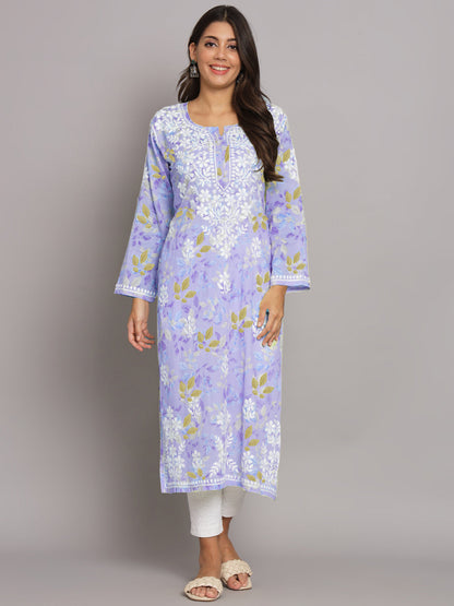 Hand Embroidered Chikan Printed Mulmul Cotton Straight Kurta-AL3680 Mauve