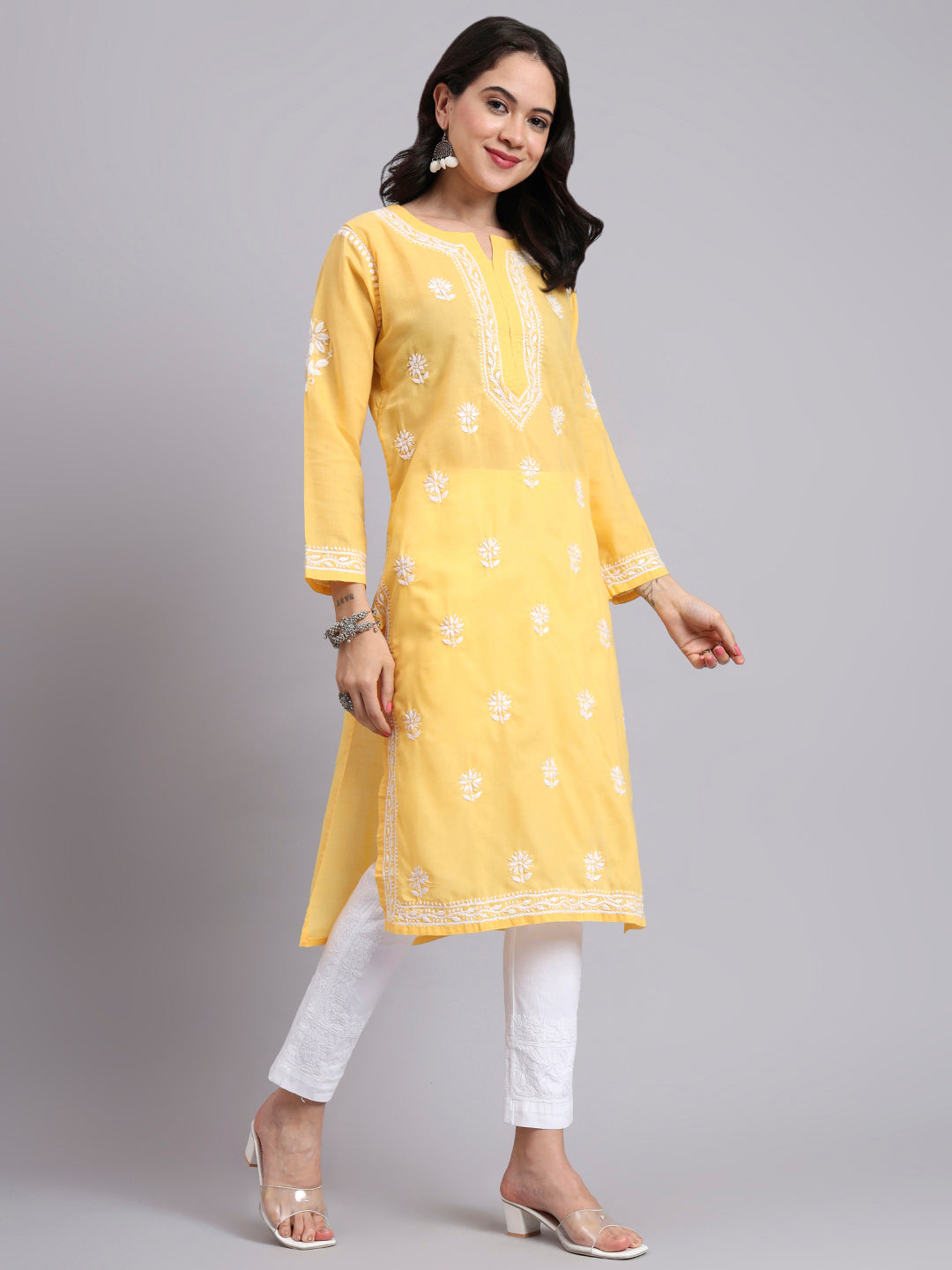 Women Hand Embroidered Chikankari Cotton Kurta-AL3999 Yellow
