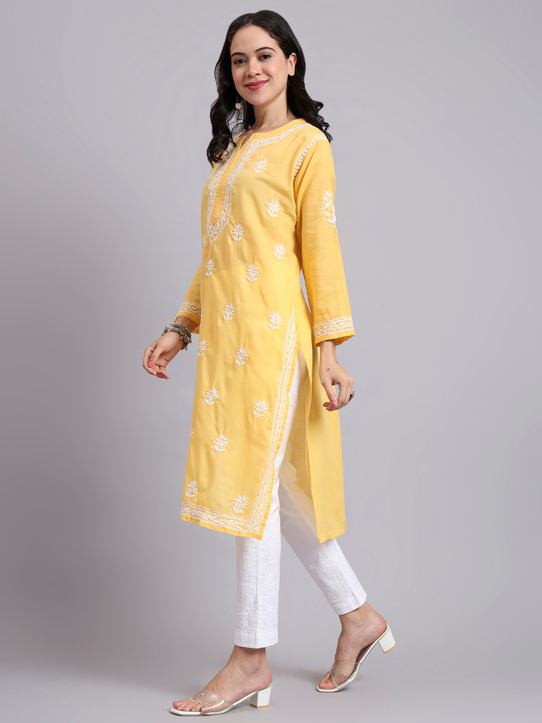 Women Hand Embroidered Chikankari Cotton Kurta-AL3999 Yellow