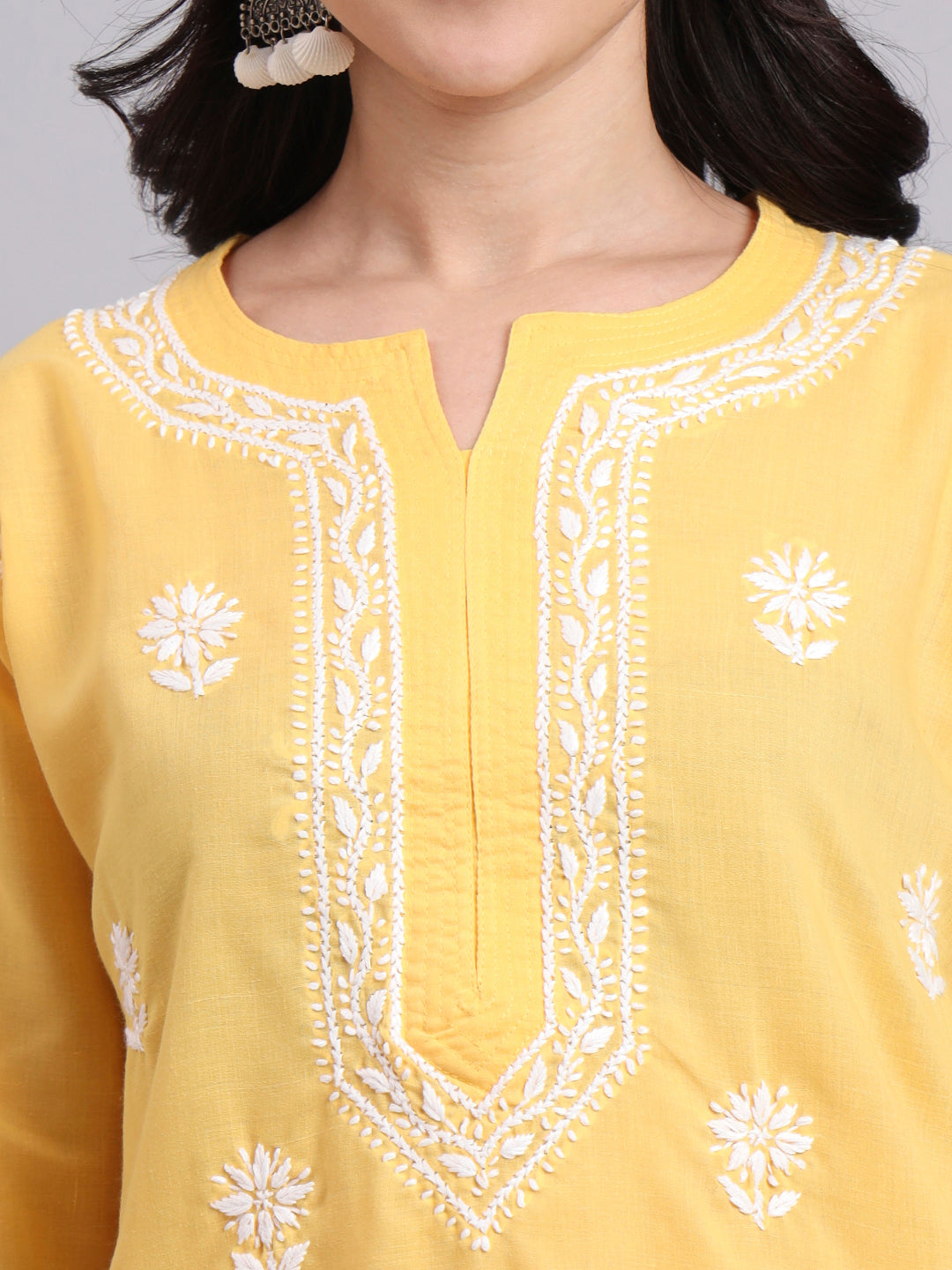 Women Hand Embroidered Chikankari Cotton Kurta-AL3999 Yellow
