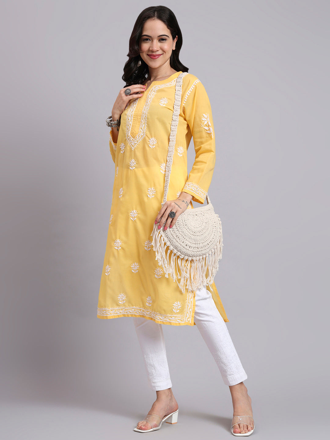 Women Hand Embroidered Chikankari Cotton Kurta-AL3999 Yellow