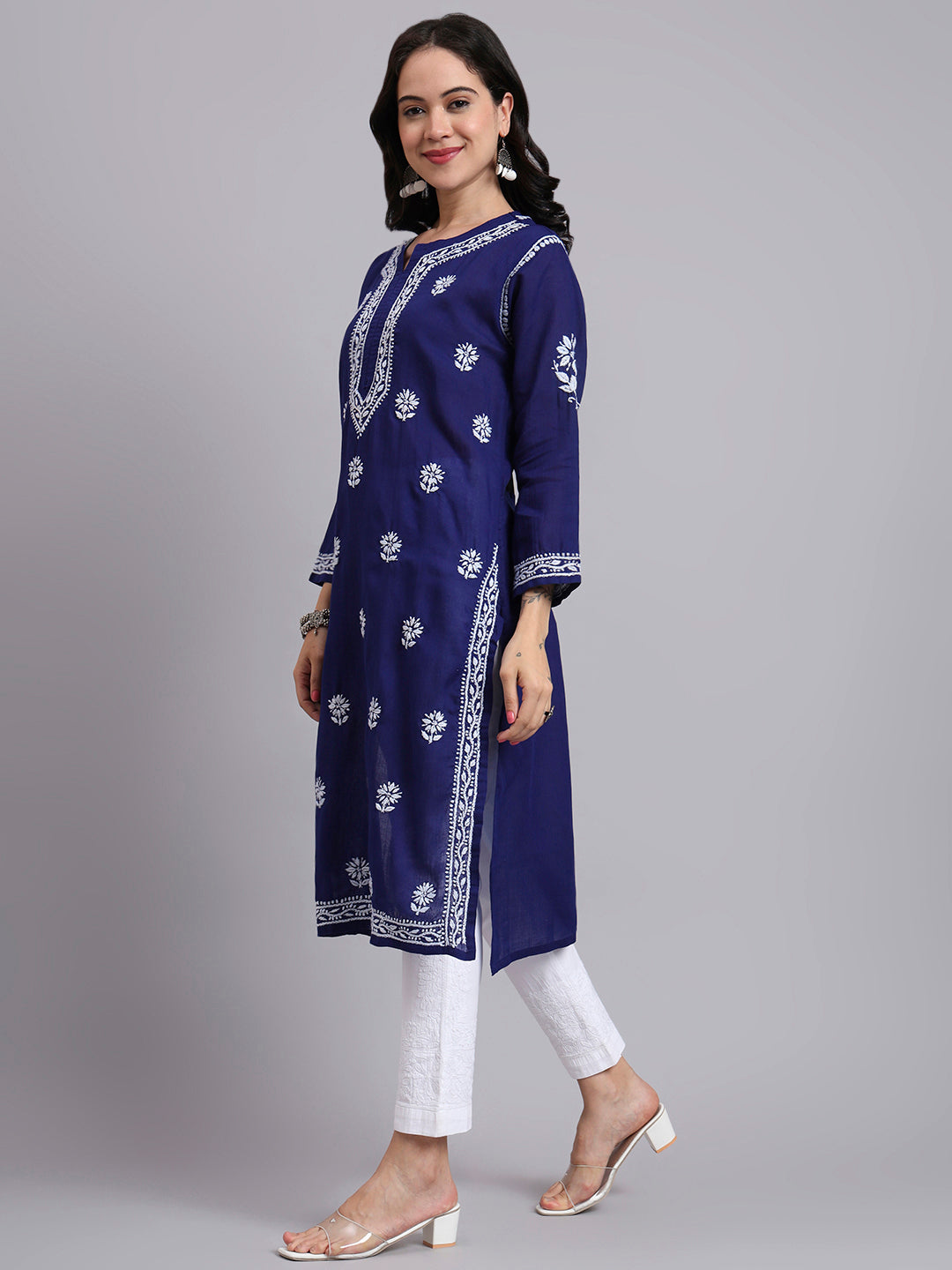Women Hand Embroidered Chikankari Cotton Kurta-AL3999 Dark Blue