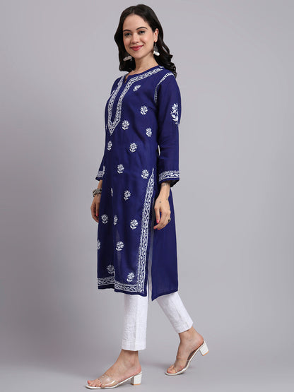 Women Hand Embroidered Chikankari Cotton Kurta-AL3999 Dark Blue