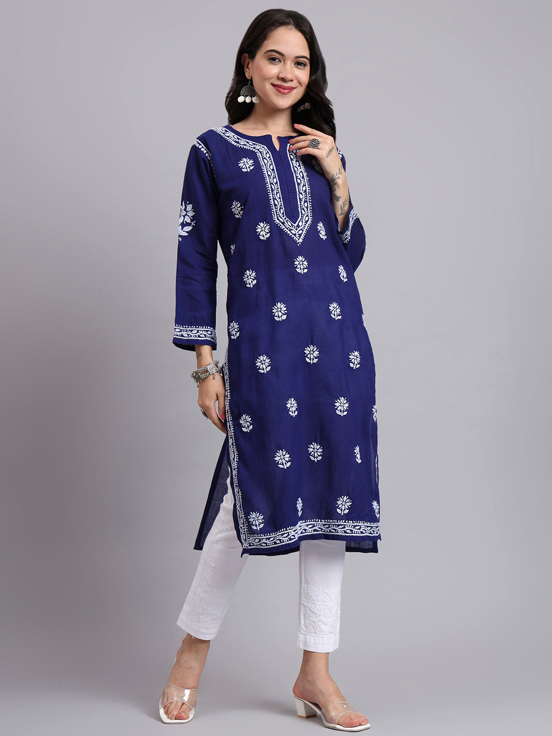 Women Hand Embroidered Chikankari Cotton Kurta-AL3999 Dark Blue