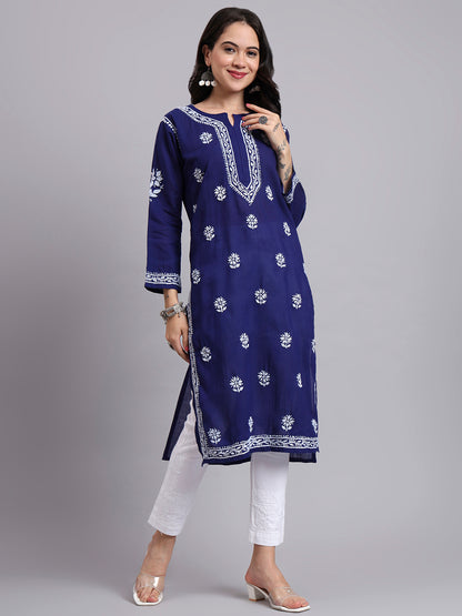 Women Hand Embroidered Chikankari Cotton Kurta-AL3999 Dark Blue