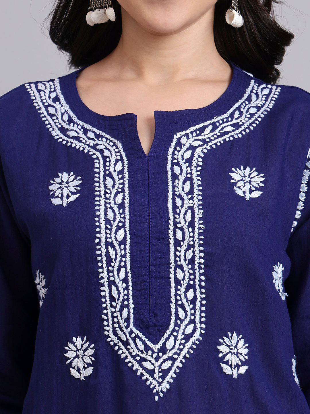 Women Hand Embroidered Chikankari Cotton Kurta-AL3999 Dark Blue