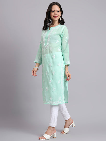 Women Hand Embroidered Chikankari Cotton Kurta-AL3999 Light Green