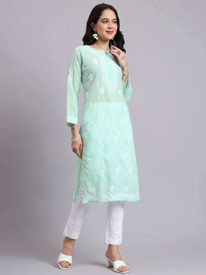 Women Hand Embroidered Chikankari Cotton Kurta-AL3999 Light Green