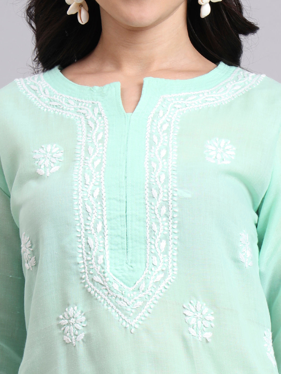 Women Hand Embroidered Chikankari Cotton Kurta-AL3999 Light Green