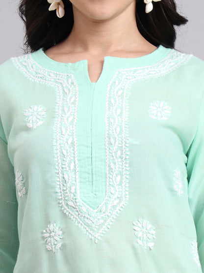 Women Hand Embroidered Chikankari Cotton Kurta-AL3999 Light Green