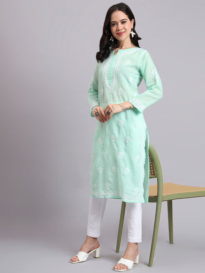 Women Hand Embroidered Chikankari Cotton Kurta-AL3999 Light Green