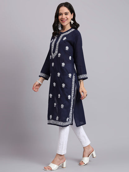 Women Hand Embroidered Chikankari Cotton Kurta-AL3999 Navy