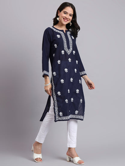 Women Hand Embroidered Chikankari Cotton Kurta-AL3999 Navy