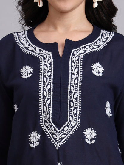 Women Hand Embroidered Chikankari Cotton Kurta-AL3999 Navy