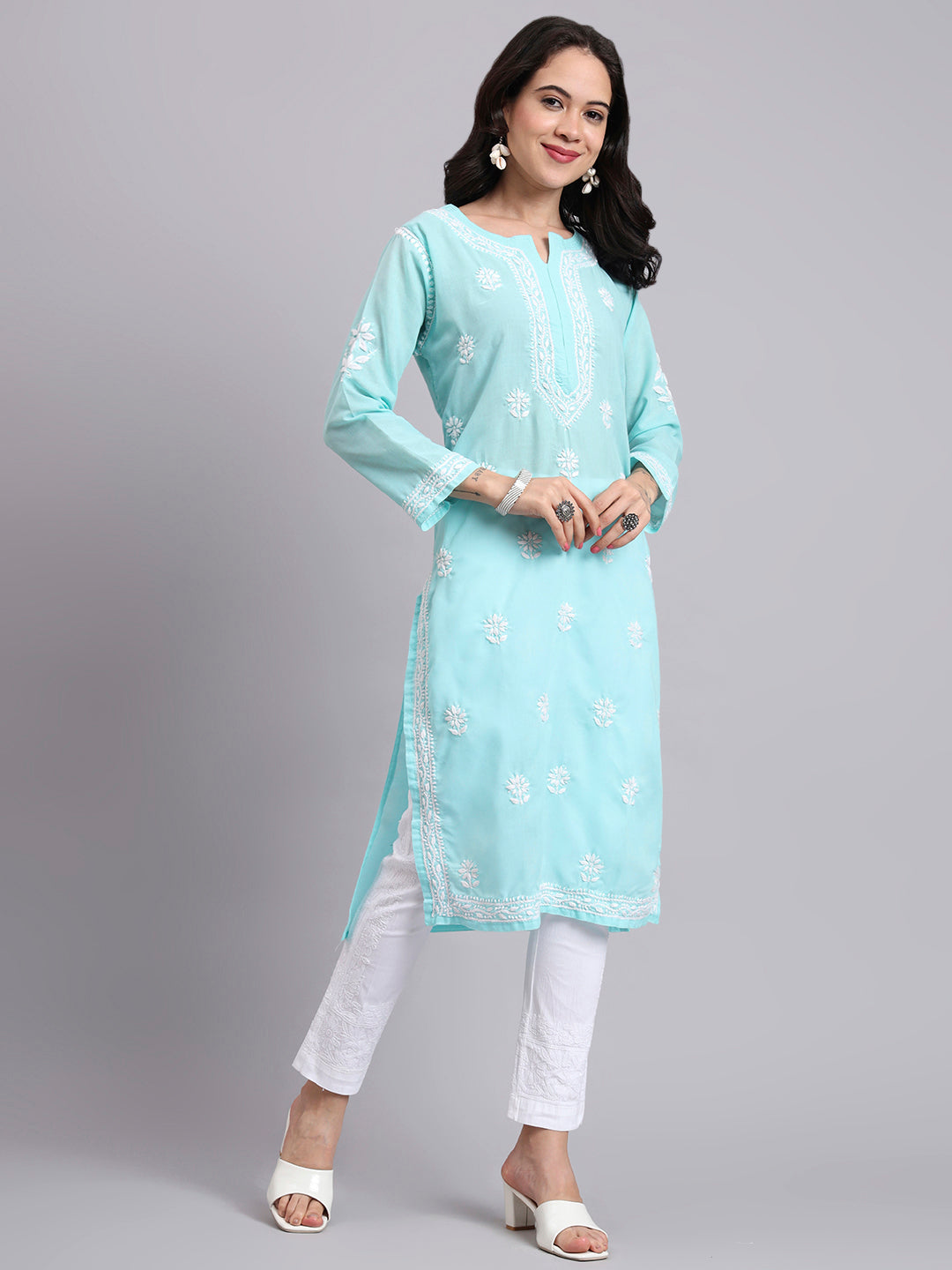 Women Hand Embroidered Chikankari Cotton Kurta-AL3999 Sea Green