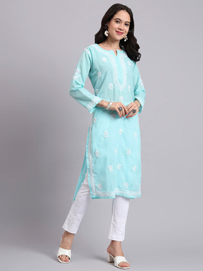 Women Hand Embroidered Chikankari Cotton Kurta-AL3999 Sea Green