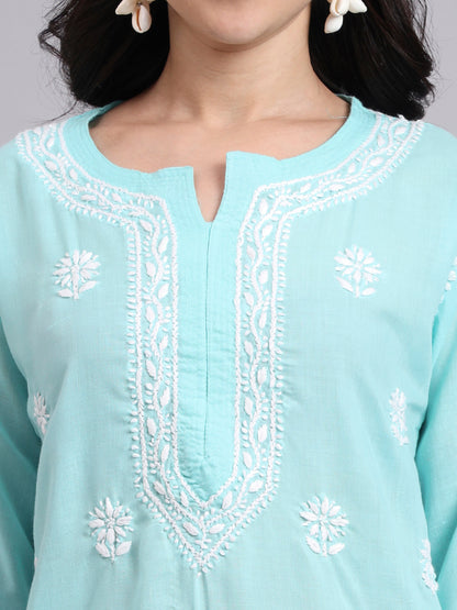 Women Hand Embroidered Chikankari Cotton Kurta-AL3999 Sea Green