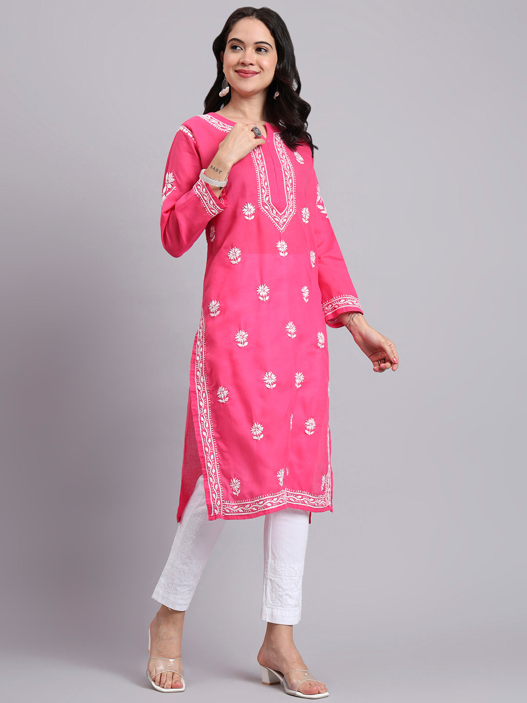 Women Hand Embroidered Chikankari Cotton Kurta-AL3999 Hot Pink