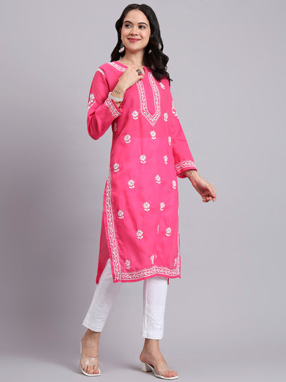 Women Hand Embroidered Chikankari Cotton Kurta-AL3999 Hot Pink