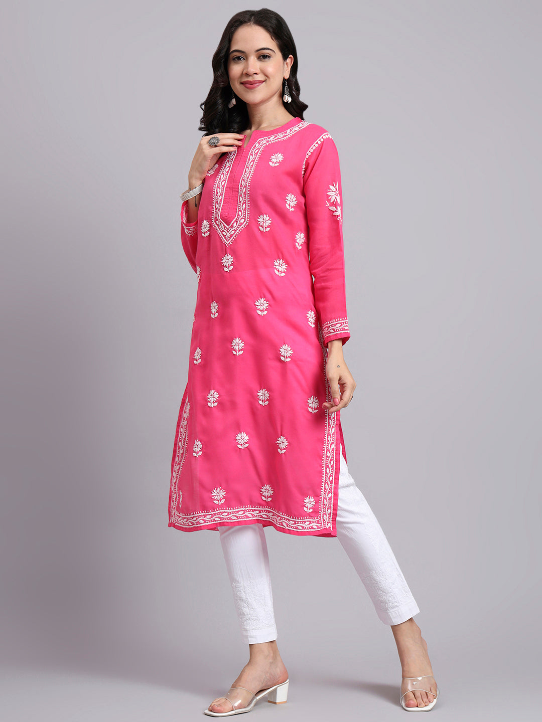 Women Hand Embroidered Chikankari Cotton Kurta-AL3999 Hot Pink
