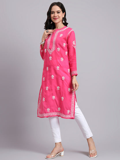 Women Hand Embroidered Chikankari Cotton Kurta-AL3999 Hot Pink