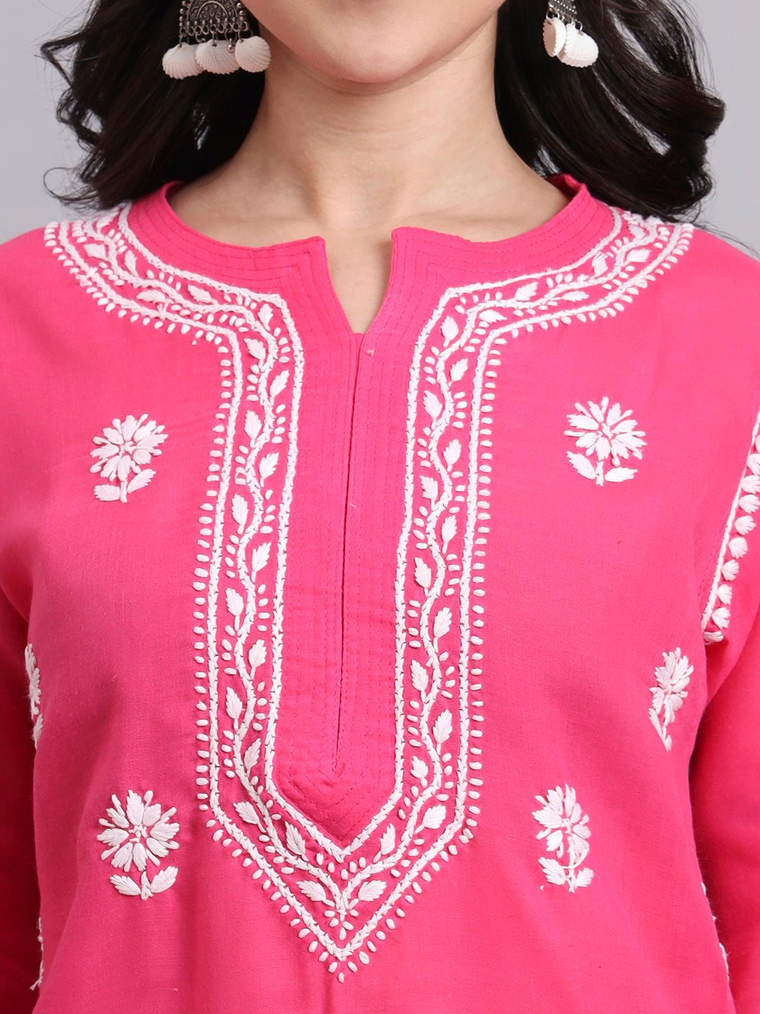 Women Hand Embroidered Chikankari Cotton Kurta-AL3999 Hot Pink