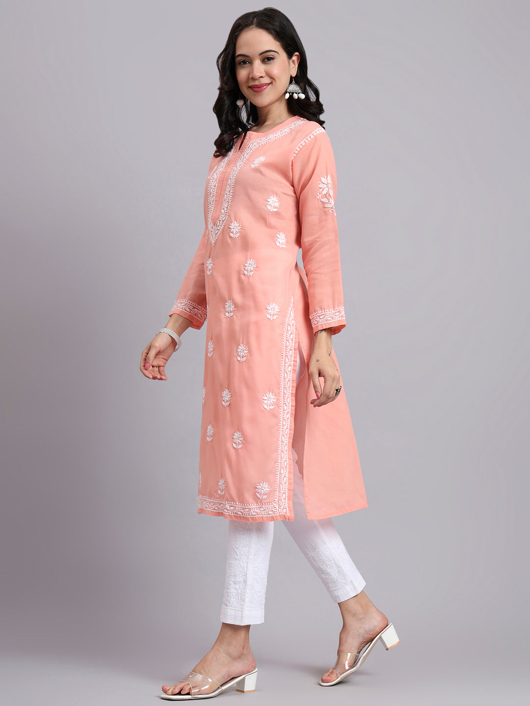 Women Hand Embroidered Chikankari Cotton Kurta-AL3999 Peach