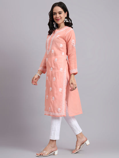 Women Hand Embroidered Chikankari Cotton Kurta-AL3999 Peach