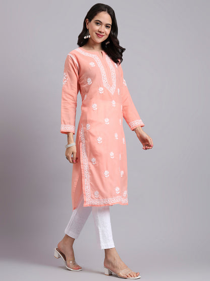 Women Hand Embroidered Chikankari Cotton Kurta-AL3999 Peach