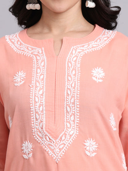 Women Hand Embroidered Chikankari Cotton Kurta-AL3999 Peach