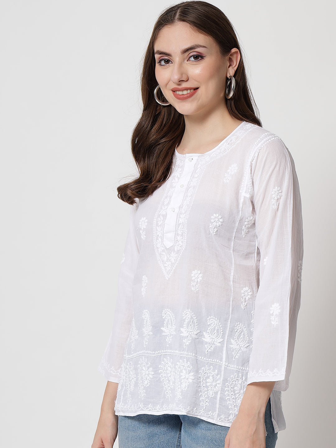White Hand Embroidered Chikankari  Cotton Chikankari Sustainable Kurti-AL1769