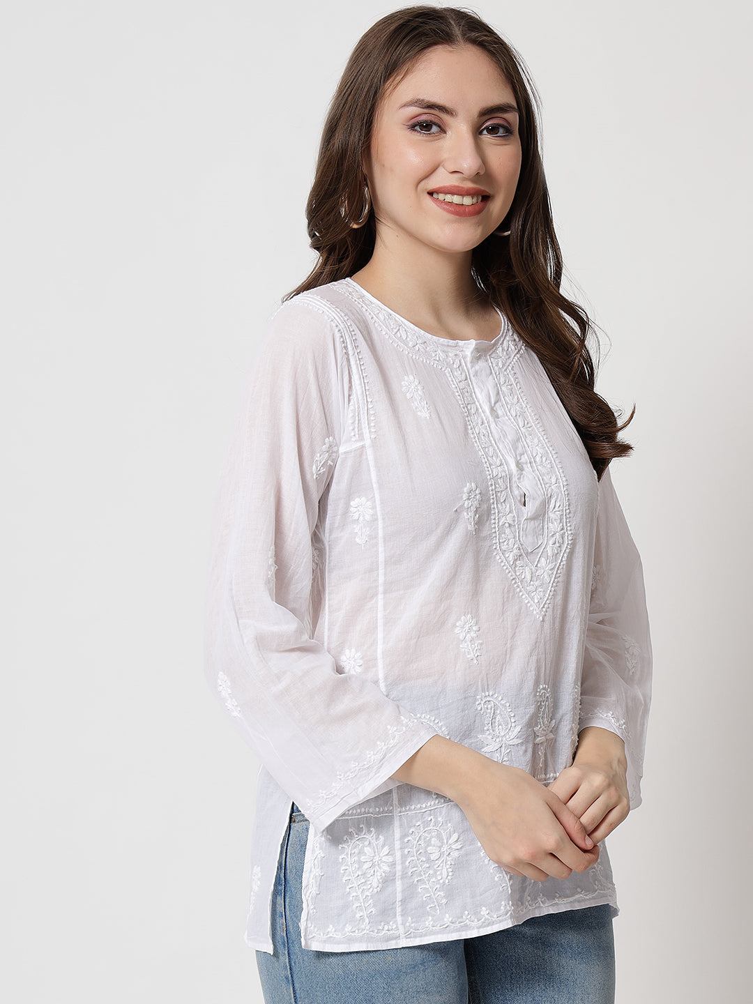 White Hand Embroidered Chikankari  Cotton Chikankari Sustainable Kurti-AL1769