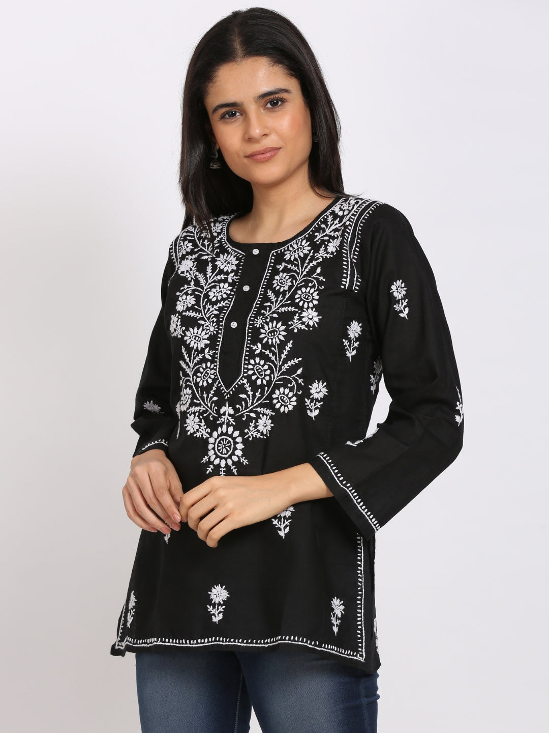 Women Hand Embroidered Chikankari Cotton Kurti-ALSTV115 Black