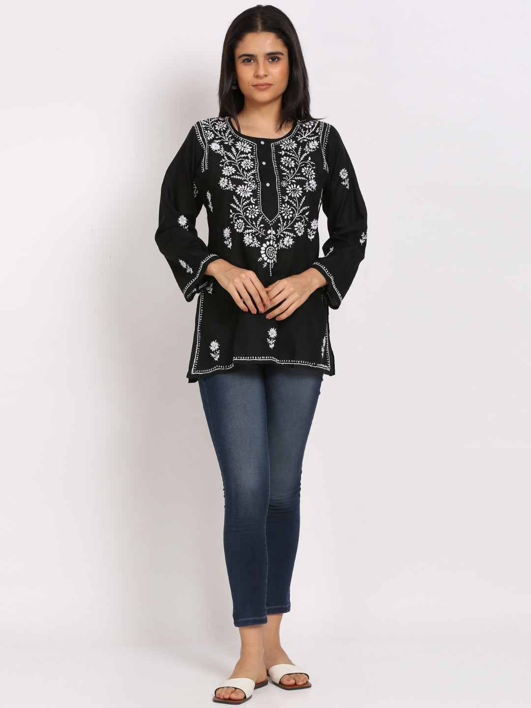 Women Hand Embroidered Chikankari Cotton Kurti-ALSTV115 Black