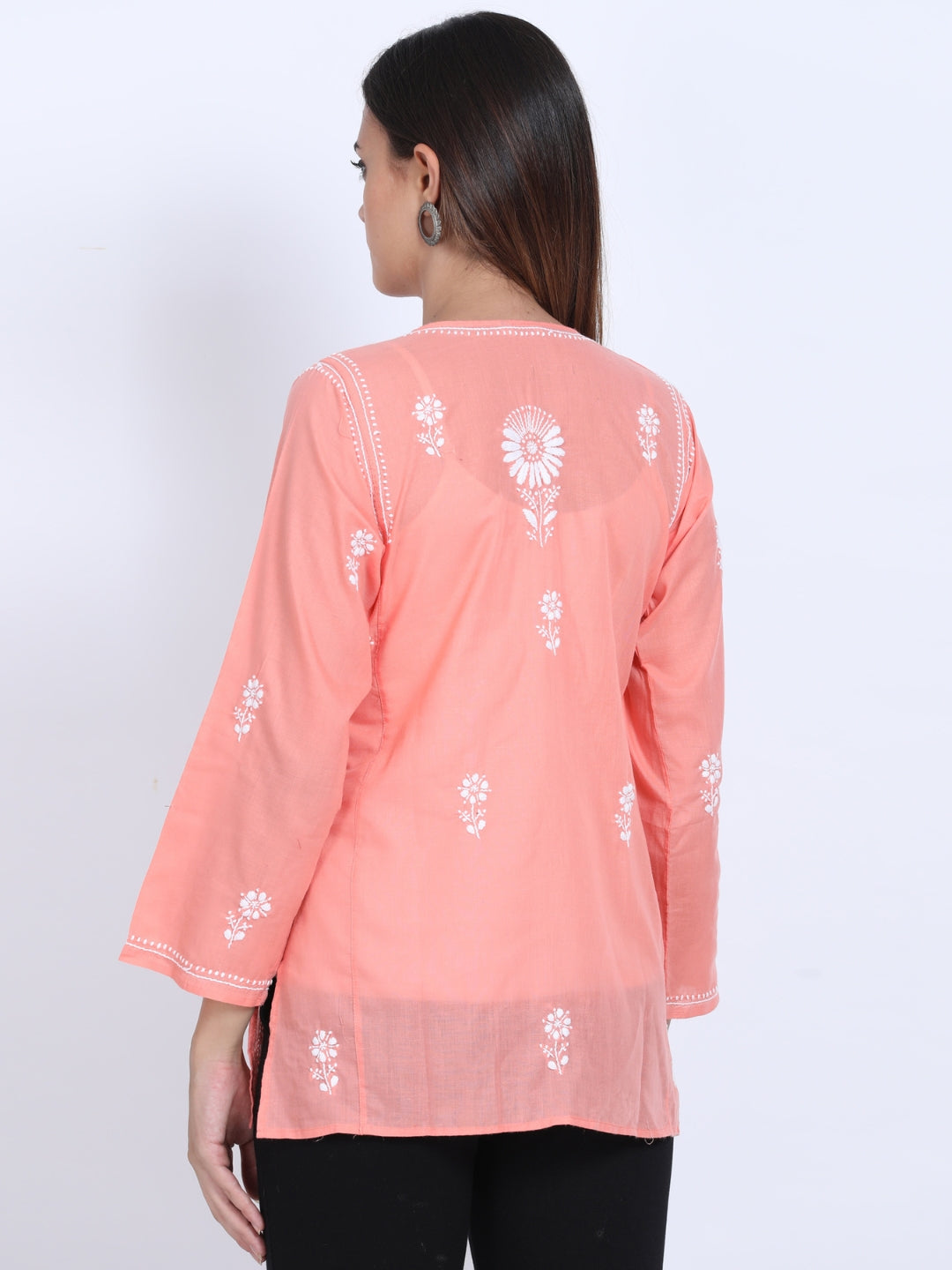 Women Hand Embroidered Chikankari Cotton Kurti-ALSTV115 Peach