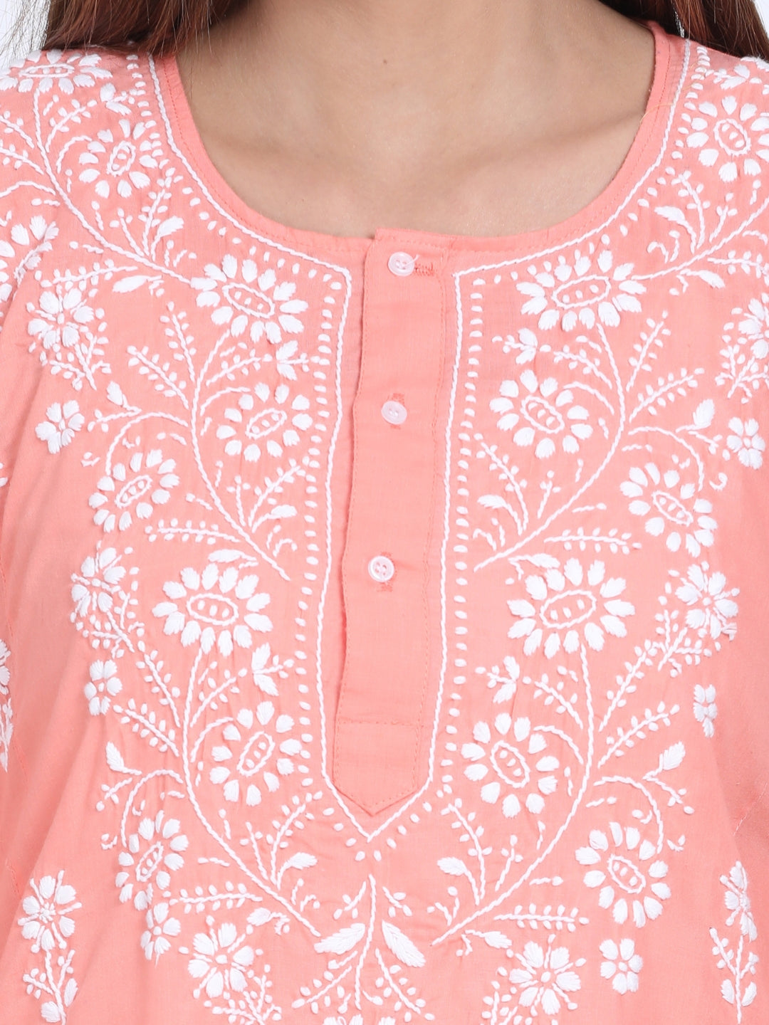 Women Hand Embroidered Chikankari Cotton Kurti-ALSTV115 Peach