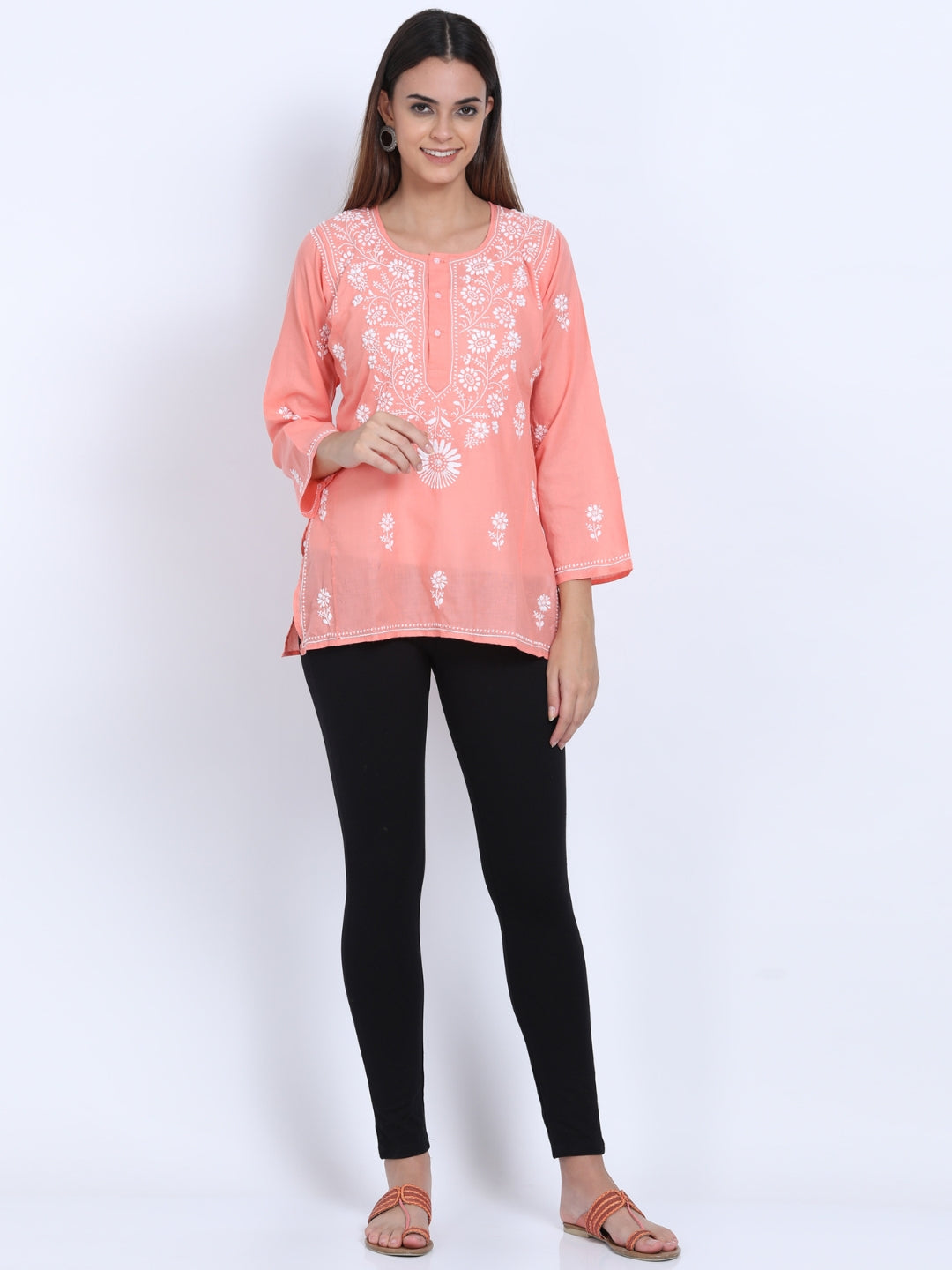 Women Hand Embroidered Chikankari Cotton Kurti-ALSTV115 Peach