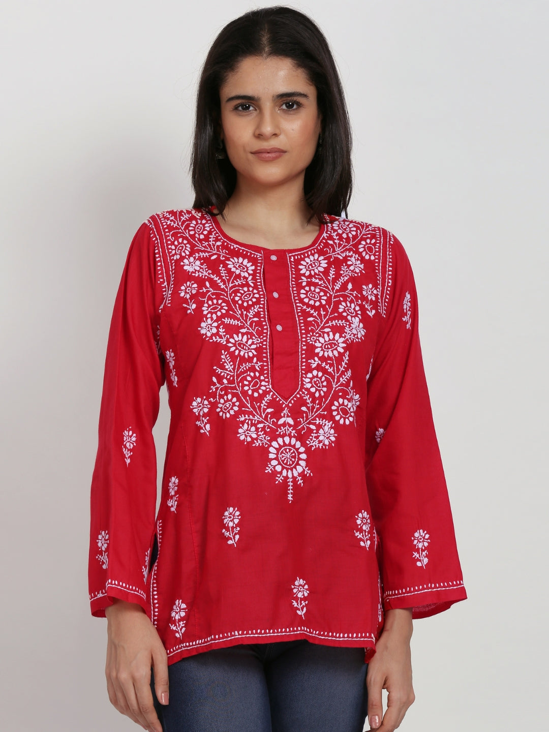Women Hand Embroidered Chikankari Cotton Kurti-ALSTV115 Red