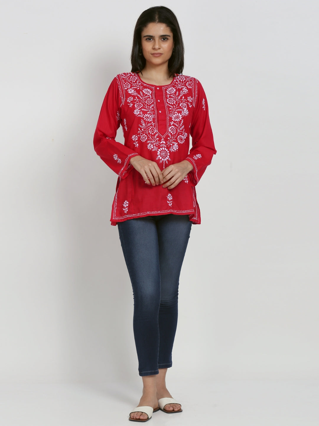 Women Hand Embroidered Chikankari Cotton Kurti-ALSTV115 Red