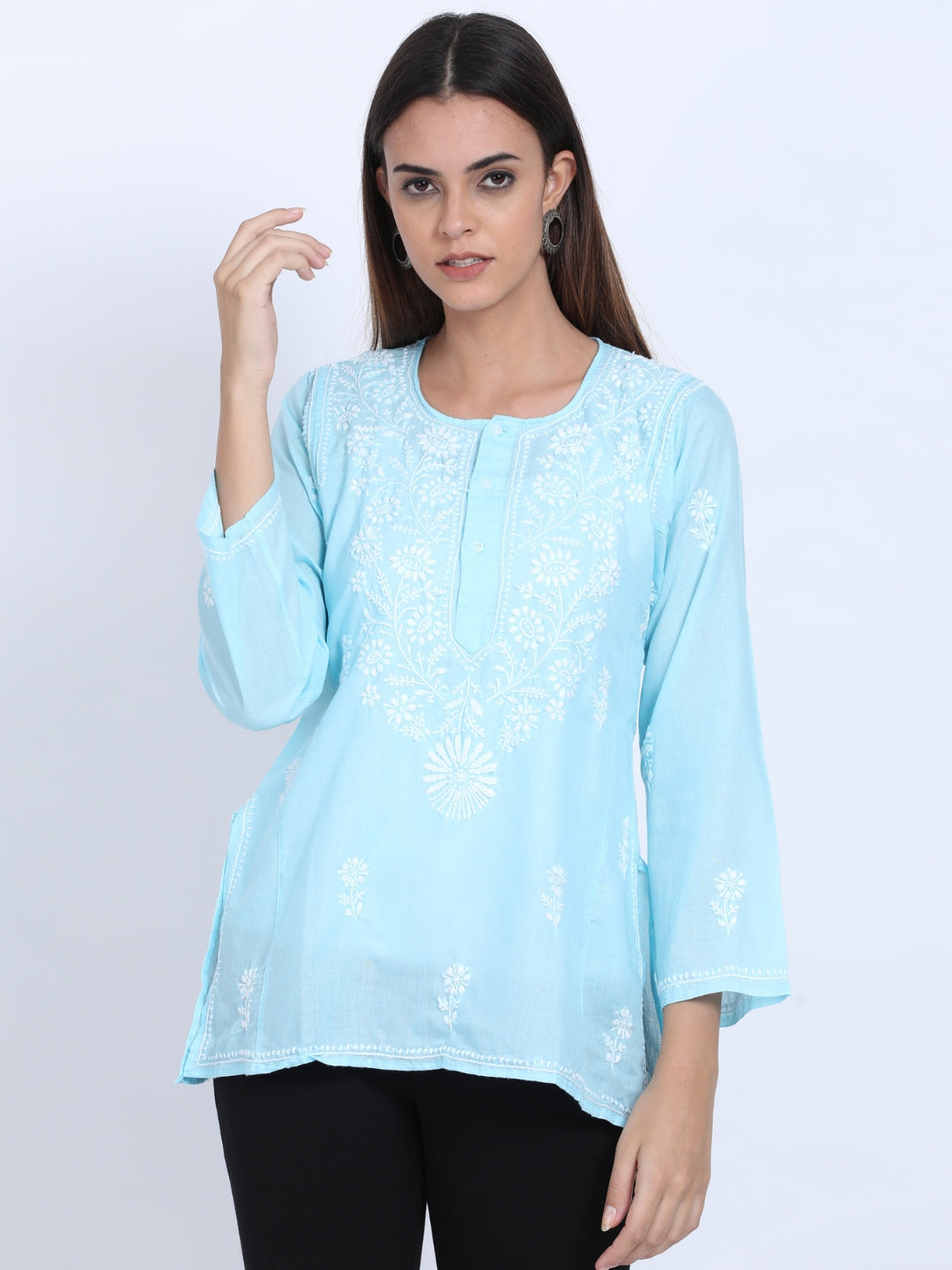 Women Hand Embroidered Chikankari Cotton Kurti-ALSTV115