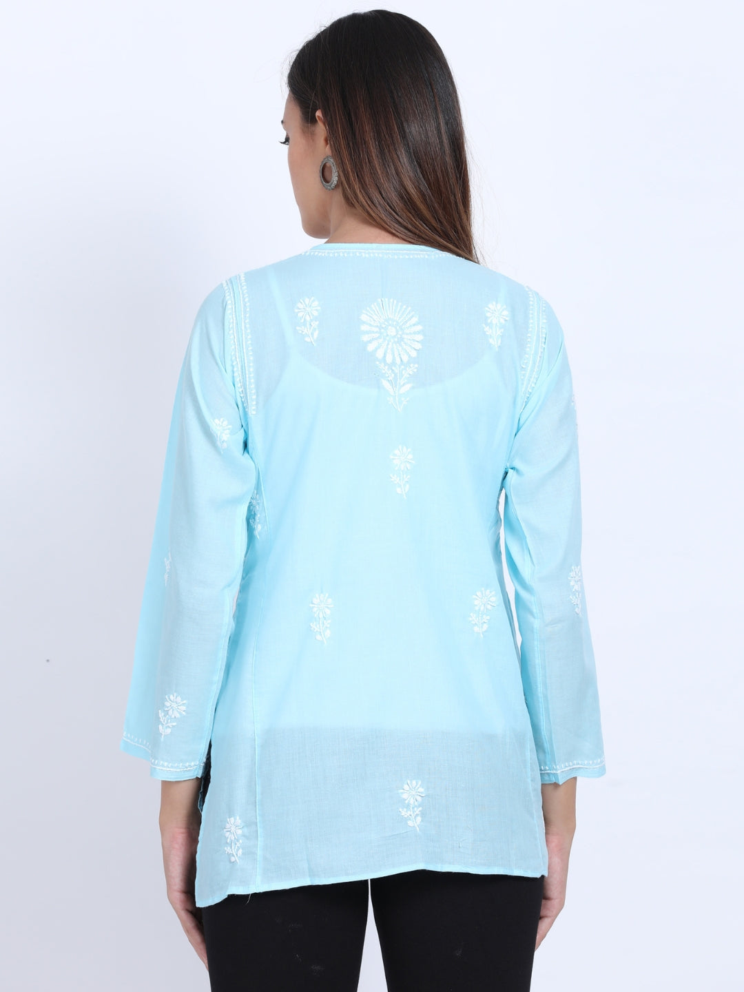 Women Hand Embroidered Chikankari Cotton Kurti-ALSTV115 Skyblue