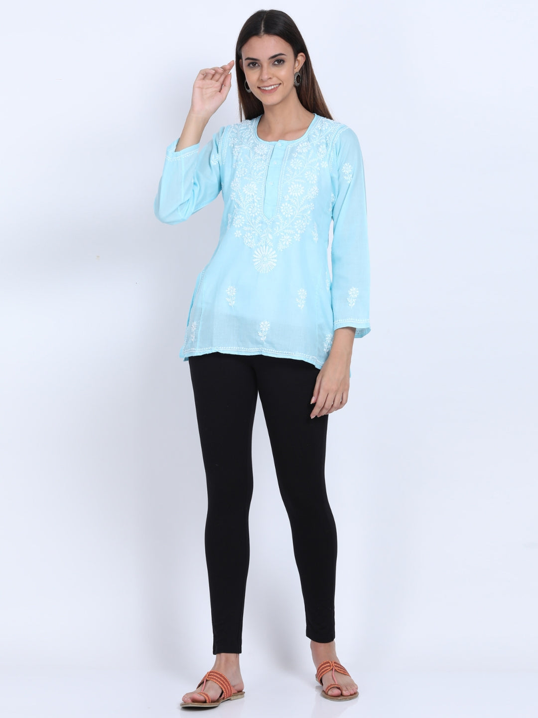 Women Hand Embroidered Chikankari Cotton Kurti-ALSTV115 Skyblue