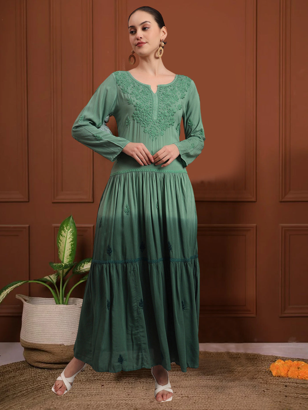 Hand Embroidered Chikankari Modal Ombre Jalabiya-AL4047 Green