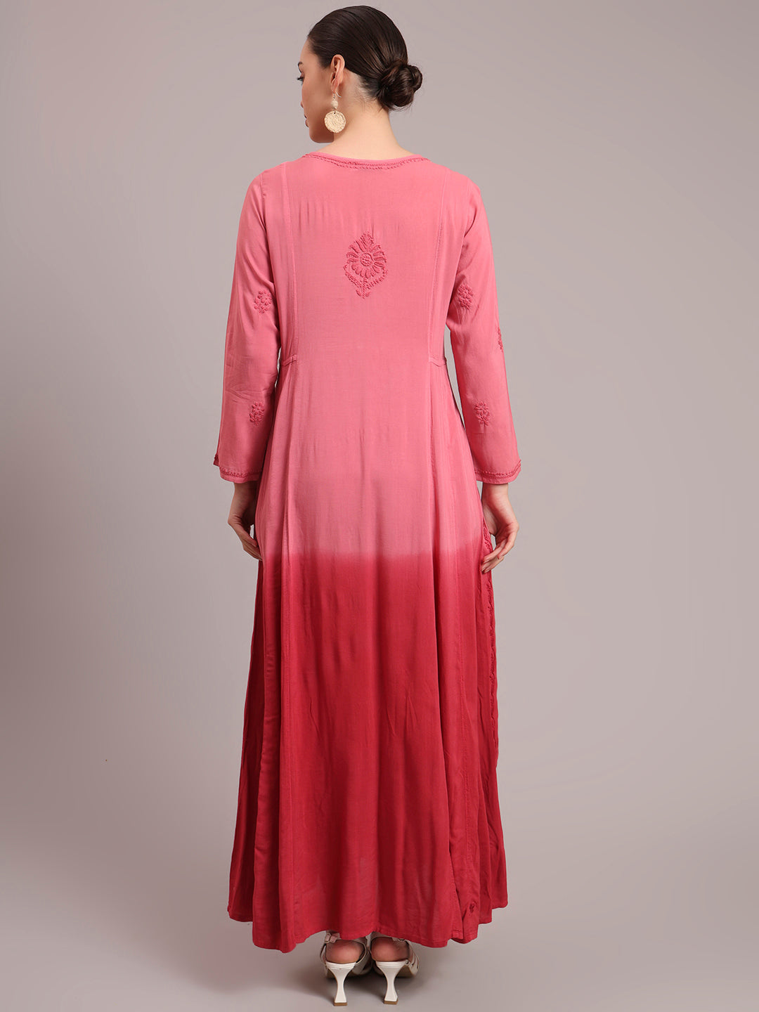 Hand Embroidered Chikankari Modal Ombre Jalabiya-AL4018 Coral