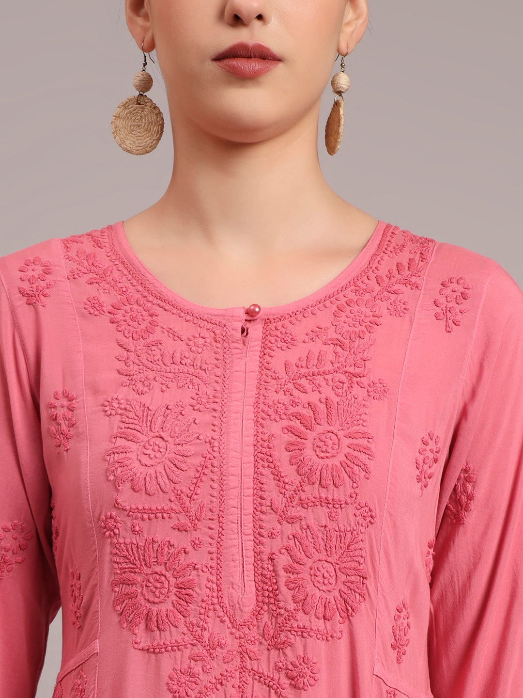 Hand Embroidered Chikankari Modal Ombre Jalabiya-AL4018 Coral