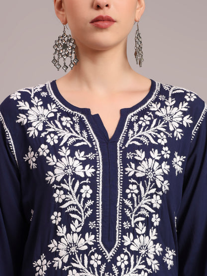 Women Hand Embroidered Chikankari Modal Kurta-AL4059 Navy