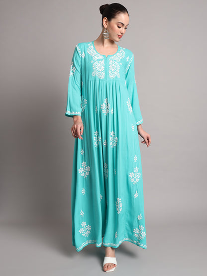 Hand Embroidered Chikankari A-Line Gathering Pattern Rayon Jalabiya-AL4012