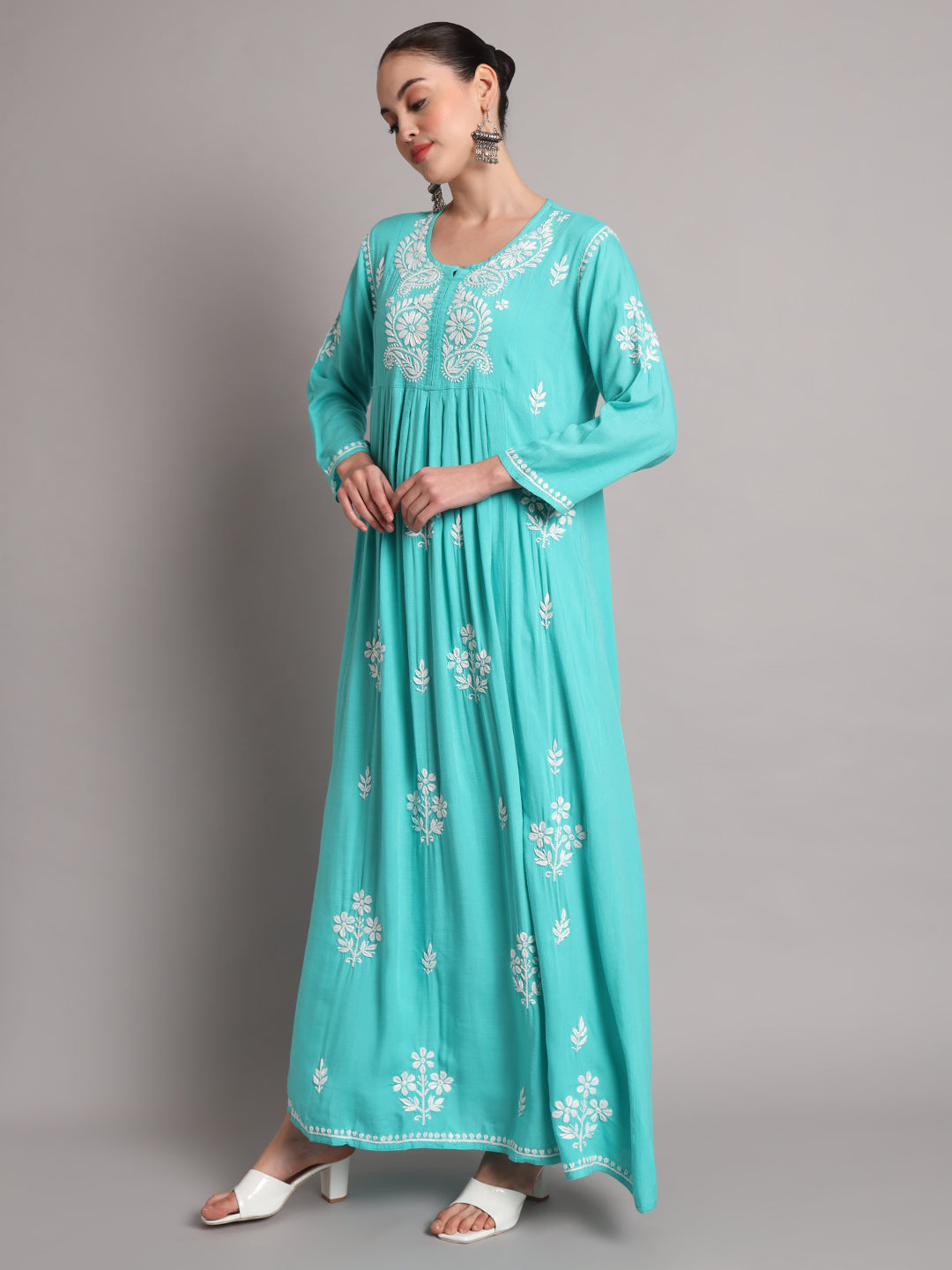 Hand Embroidered Chikankari A-Line Gathering Pattern Rayon Jalabiya-AL4012