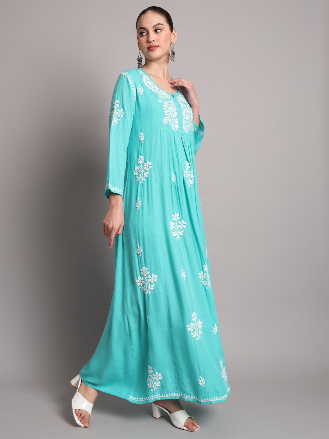 Hand Embroidered Chikankari A-Line Gathering Pattern Rayon Jalabiya-AL4012