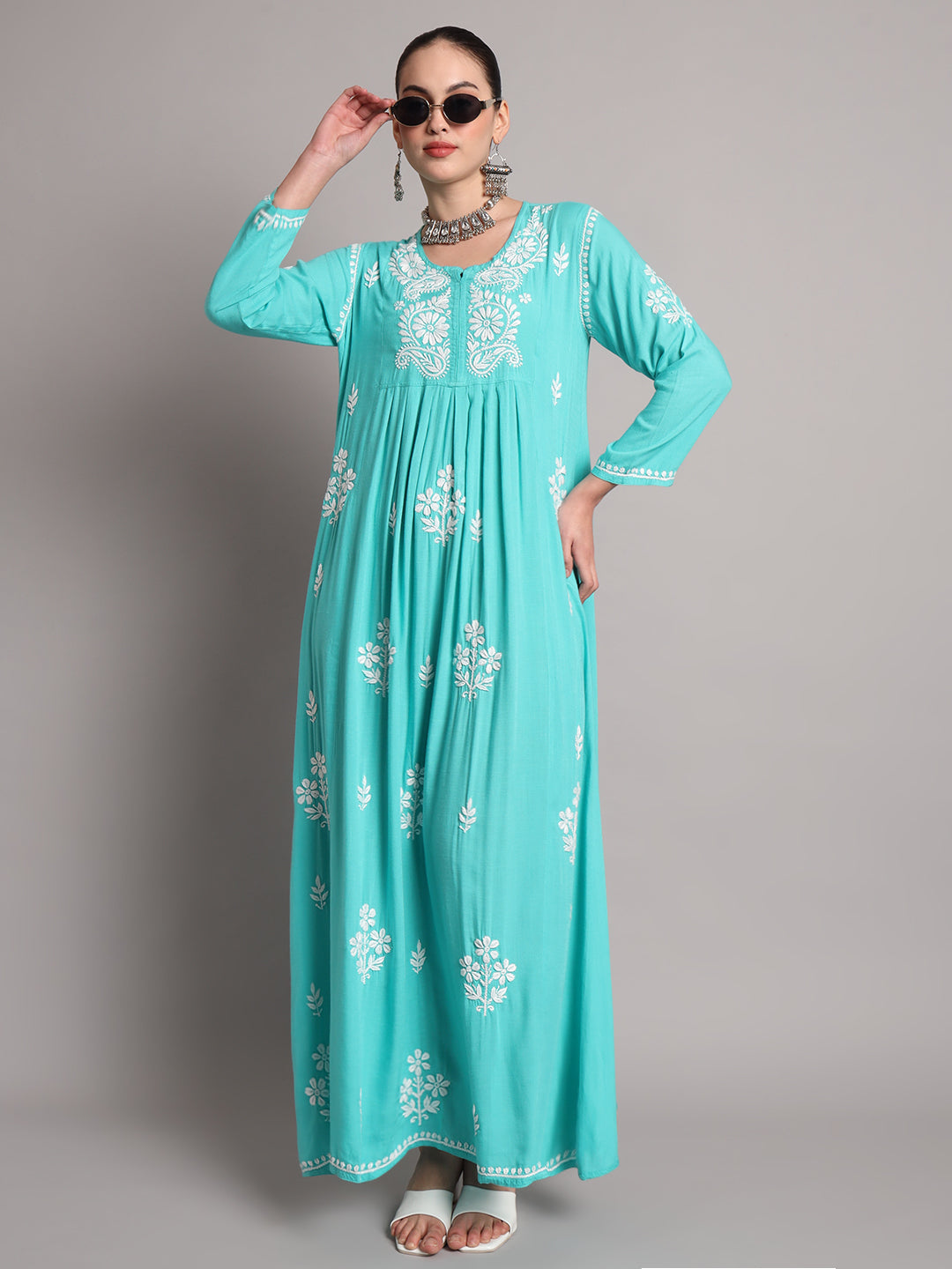 Hand Embroidered Chikankari A-Line Gathering Pattern Rayon Jalabiya-AL4012 Seagreen